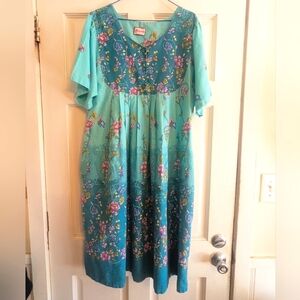 Vintage Granada New York Sz L Blue Floral Silky Charmeuse House Patio Dress